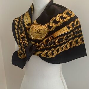 Chanel Black and Gold Chain Scarf 33”x33”